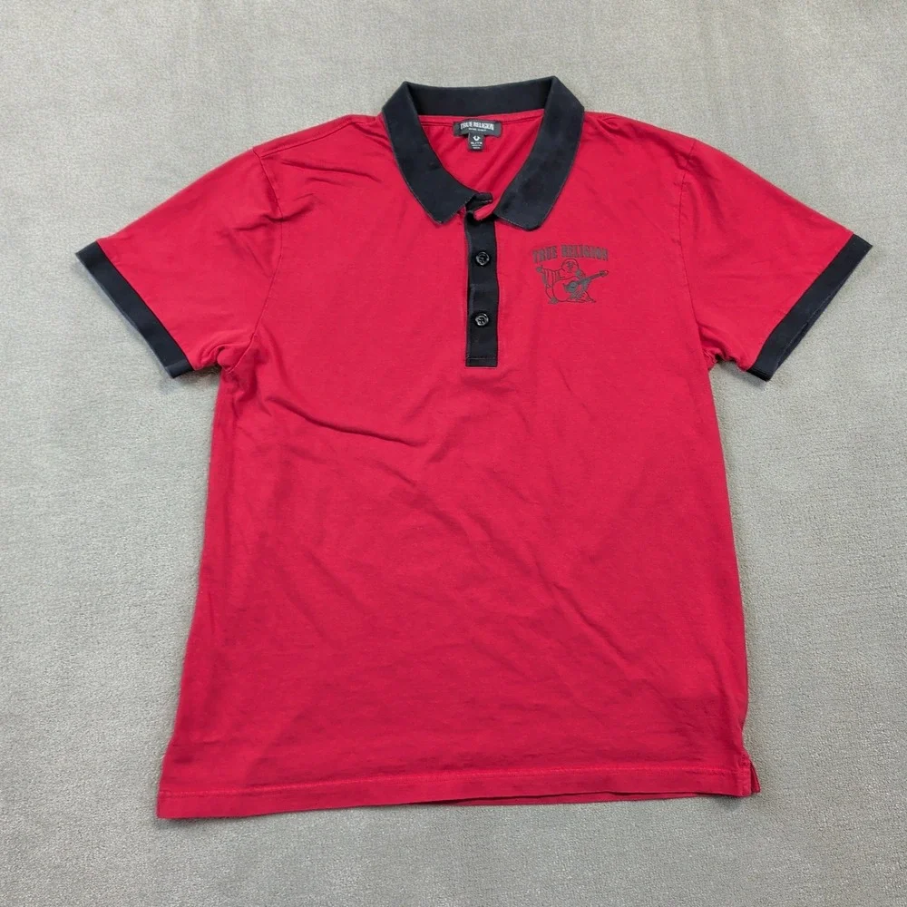 True Religion Polo XL Mens Red Black Buddha Logo Graphic Y2K Cotton Short Sleeve